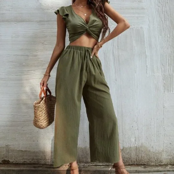 OLIVE Ruffle Trim Twist Top With Pants - Picture 8 of 12